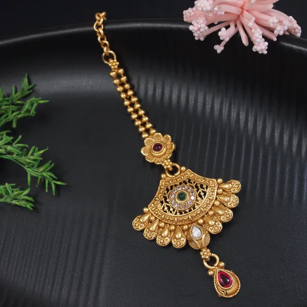 Antique_Gold_Plated_Chandbali_Maang_Tikka_With_Green_&_Red_Gemstones