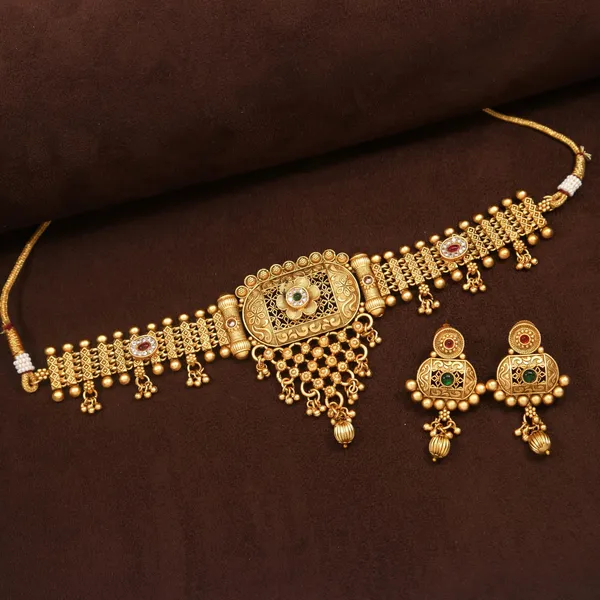 Antique_Gold_Plated_Choker_Necklace_Set_With_Intricate_Filigree_Design