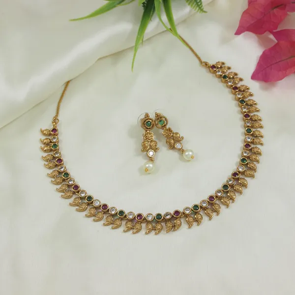 Antique_Gold_Plated_Leaf_Motif_Necklace_Set_With_Ruby_And_Green_Stones