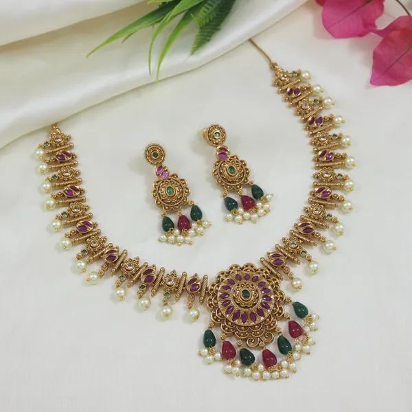 Antique_Gold_Plated_Multi_Stone_Necklace_Set_With_Earrings_For_Women