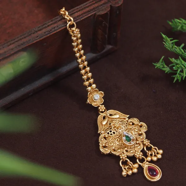 Antique_Gold_Plated_Peacock_Maang_Tikka_With_Filigree_&_Gemstone_Accents