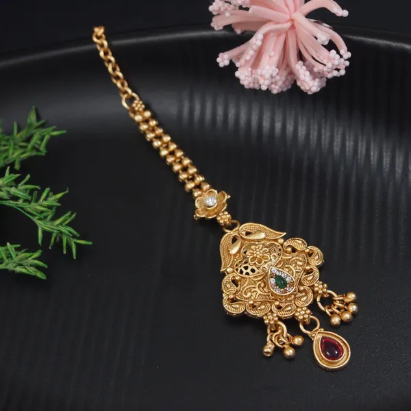 Antique_Gold_Plated_Peacock_Maang_Tikka_With_Filigree_&_Gemstone_Accents