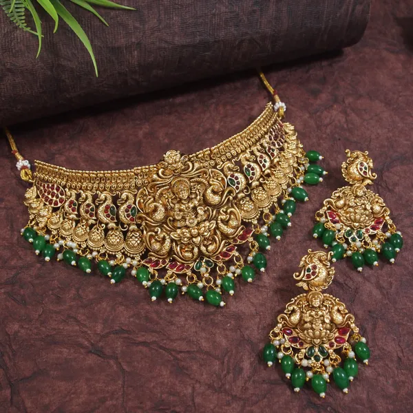 Antique_Gold_Plated_Temple_Choker_Necklace_Set_With_Lakshmi_Motif_And_Green_Beads