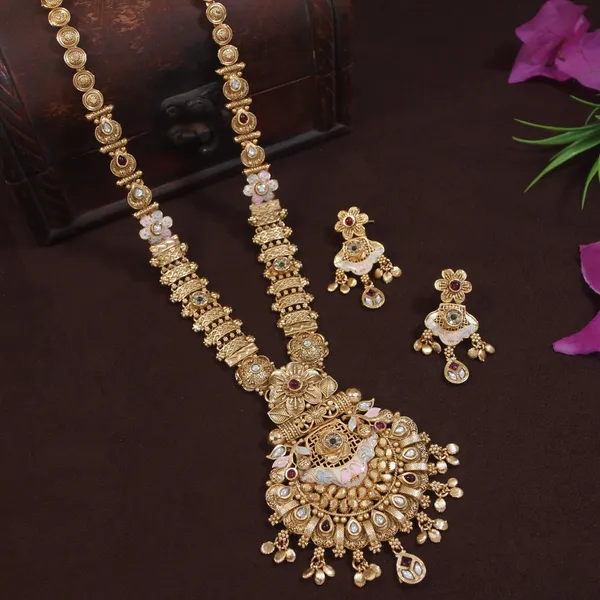 Antique_Gold_Plated_Temple_Jewelry_Brass_Long_Necklace_Set_With_Kundan_&_Pearl_Embellishments_?_Traditional_Wedding_Jewelry_For_Women