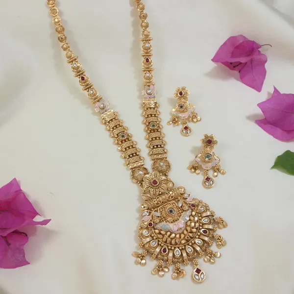 Antique_Gold_Plated_Temple_Jewelry_Brass_Long_Necklace_Set_With_Kundan_&_Pearl_Embellishments_?_Traditional_Wedding_Jewelry_For_Women