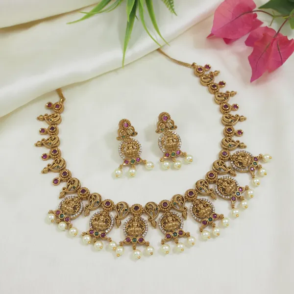 Antique_Gold_Plated_Temple_Necklace_Set_With_Lakshmi_Motif_And_Earrings