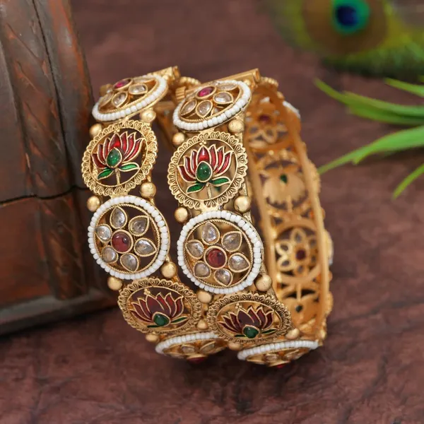 Antique_Rajwadi_Gold_Plated_Brass_Bangles_With_Pearl_&_Lotus_Meenakari_Design