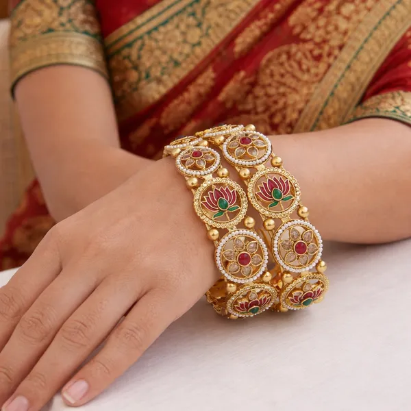 Antique_Rajwadi_Gold_Plated_Brass_Bangles_With_Pearl_&_Lotus_Meenakari_Design