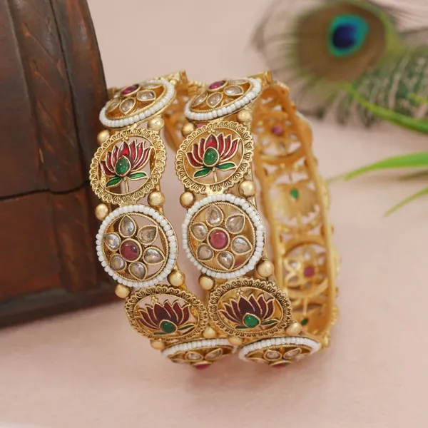 Antique_Rajwadi_Gold_Plated_Brass_Bangles_With_Pearl_&_Lotus_Meenakari_Design