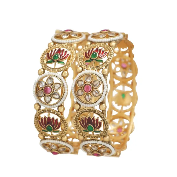 Antique_Rajwadi_Gold_Plated_Brass_Bangles_With_Pearl_&_Lotus_Meenakari_Design