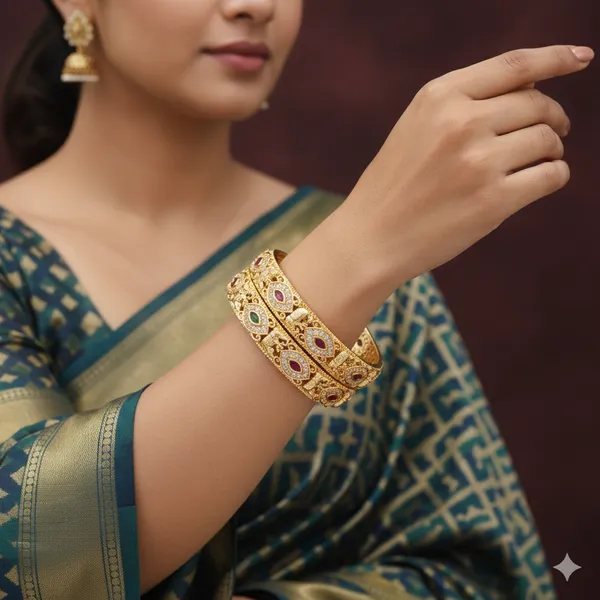 Traditional_Antique_Gold_Plated_Temple_Design_Bangles_With_Ruby_&_Green_Stones_For_Women