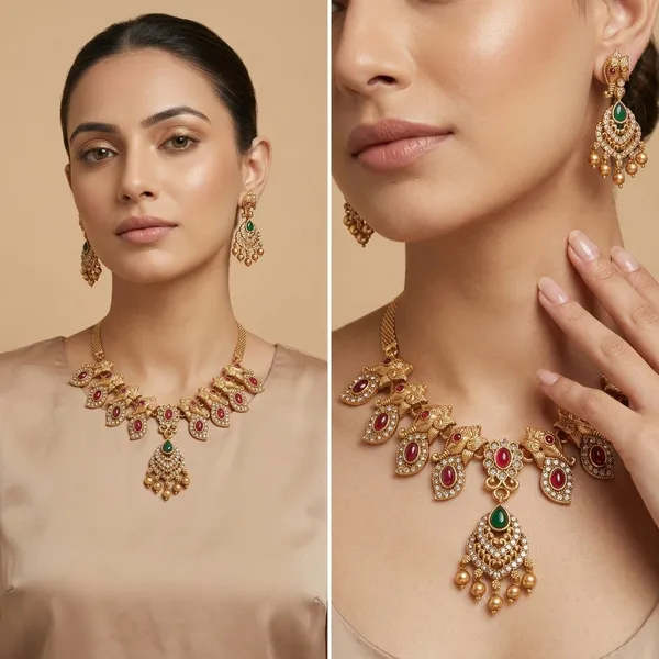 Elegant_Gold_Toned_Peacock_Necklace_Set_With_Red_&_Green_Stones
