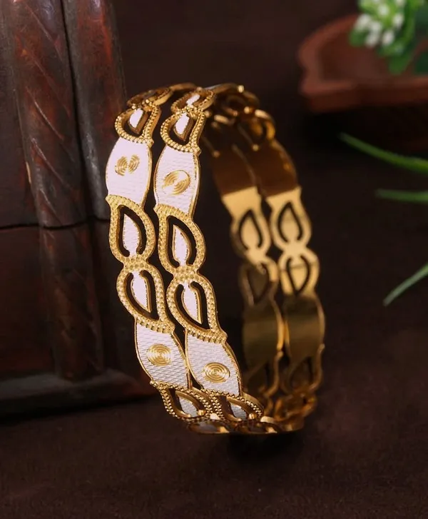 Elegant_White_And_Gold_Plated_Designer_Bangles_With_Leaf_Cutout