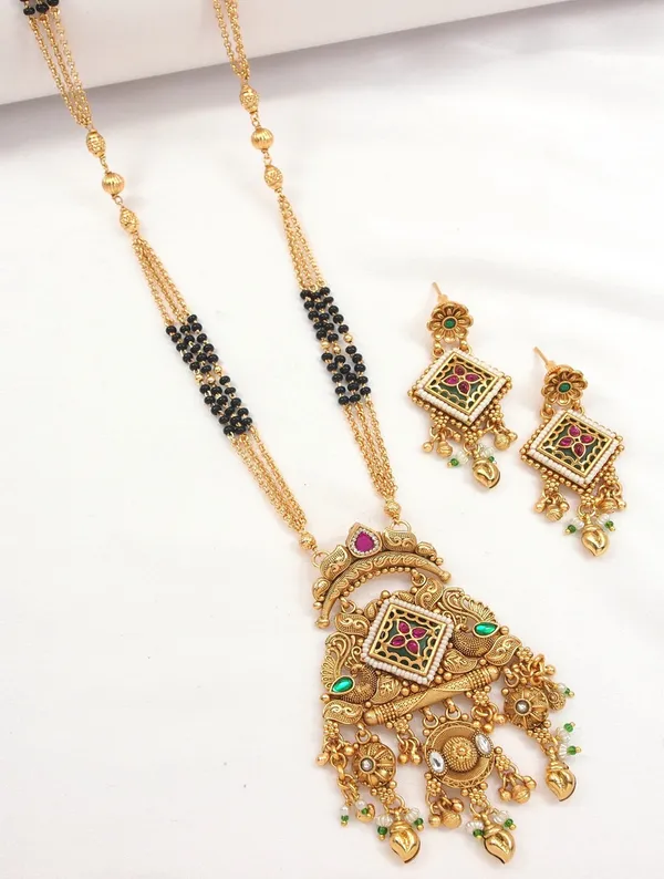 Ethnic_Designer_Gold_Plated_Black_Bead_Mangalsutra_Set_With_Ruby_&_Emerald_Coloured_Stones