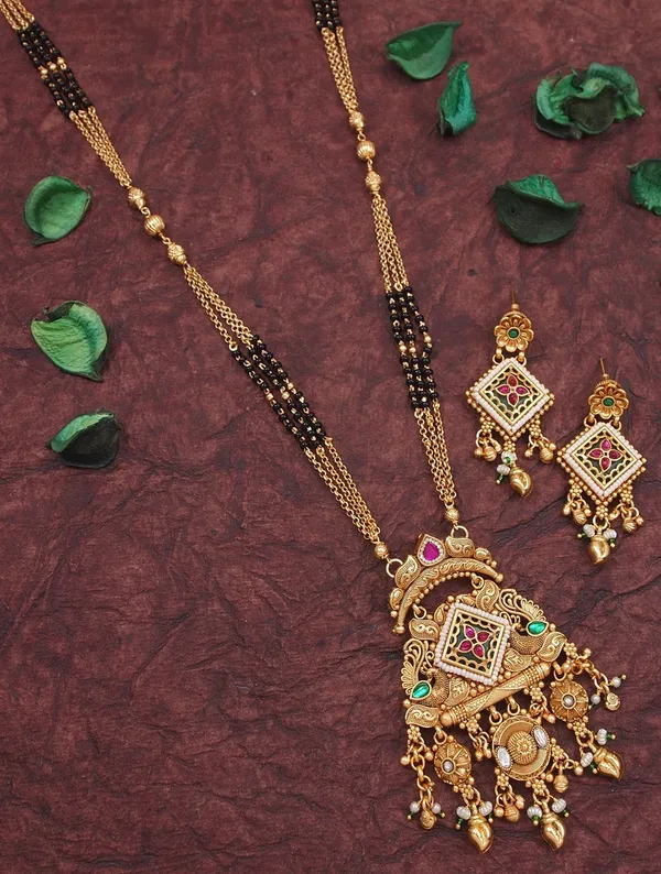 Ethnic_Designer_Gold_Plated_Black_Bead_Mangalsutra_Set_With_Ruby_&_Emerald_Coloured_Stones