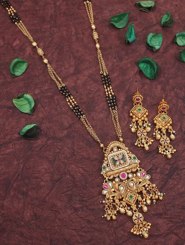 Ethnic_Designer_Gold_Plated_Black_Bead_Mangalsutra_Set_With_Ruby_&_Emerald_Coloured_Stones