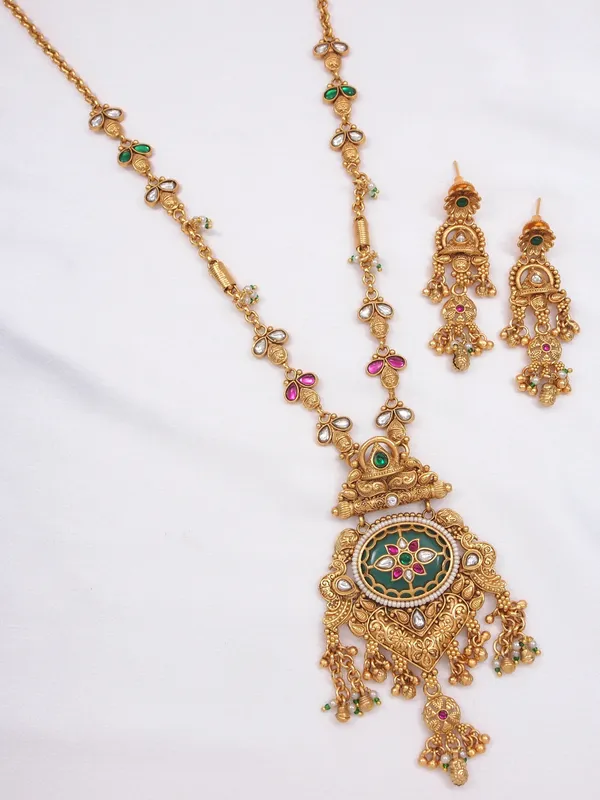 Ethnic_Temple_Style_Gold_Plated_Long_Haram_Necklace_&_Earring_Set_With_Green_&_Red_Stones