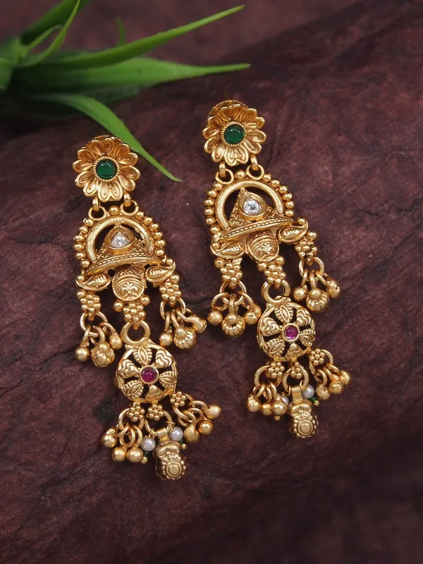 Ethnic_Temple_Style_Gold_Plated_Long_Haram_Necklace_&_Earring_Set_With_Green_&_Red_Stones