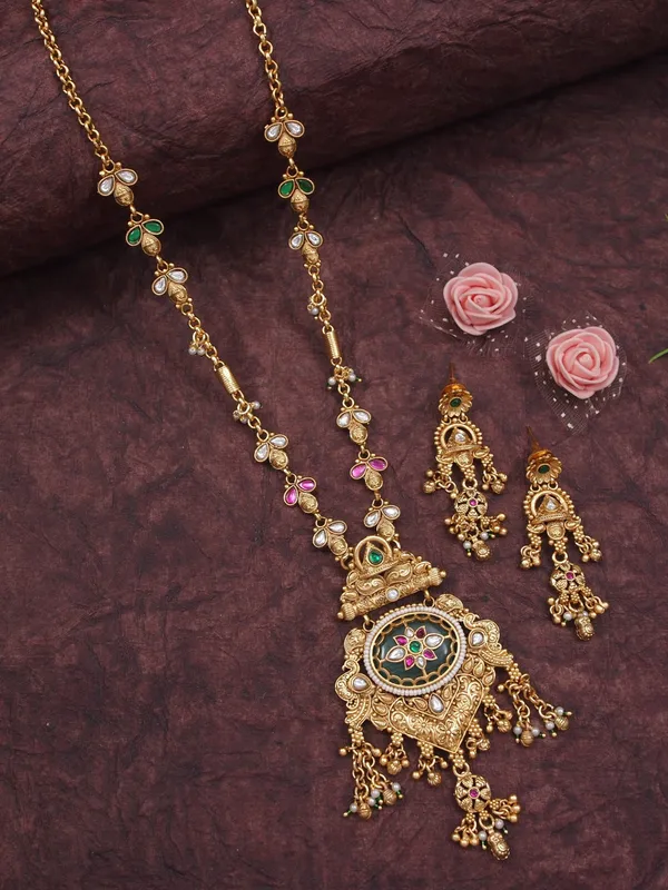 Ethnic_Temple_Style_Gold_Plated_Long_Haram_Necklace_&_Earring_Set_With_Green_&_Red_Stones