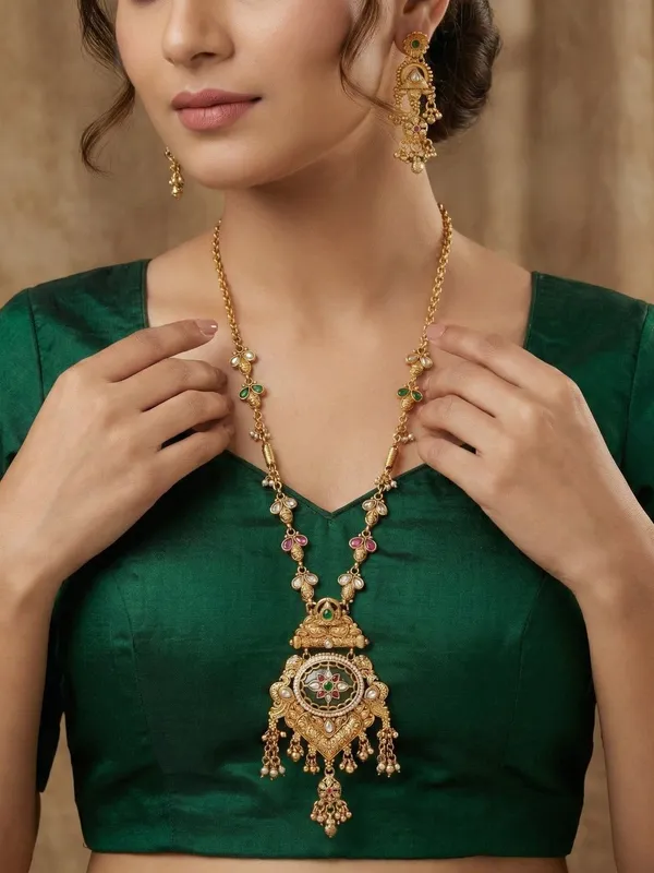 Ethnic_Temple_Style_Gold_Plated_Long_Haram_Necklace_&_Earring_Set_With_Green_&_Red_Stones