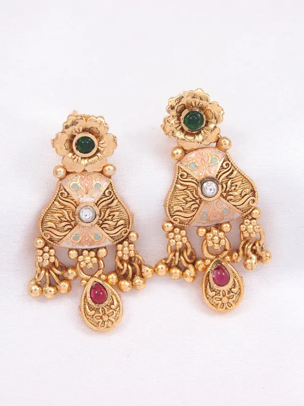 Gold_Plated_Antique_Finish_Pearl_&_Meenakari_Choker_Necklace_Set_With_Earrings_For_Women