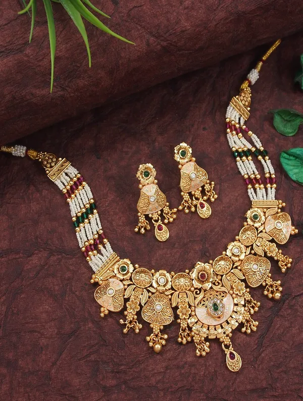 Gold_Plated_Antique_Finish_Pearl_&_Meenakari_Choker_Necklace_Set_With_Earrings_For_Women