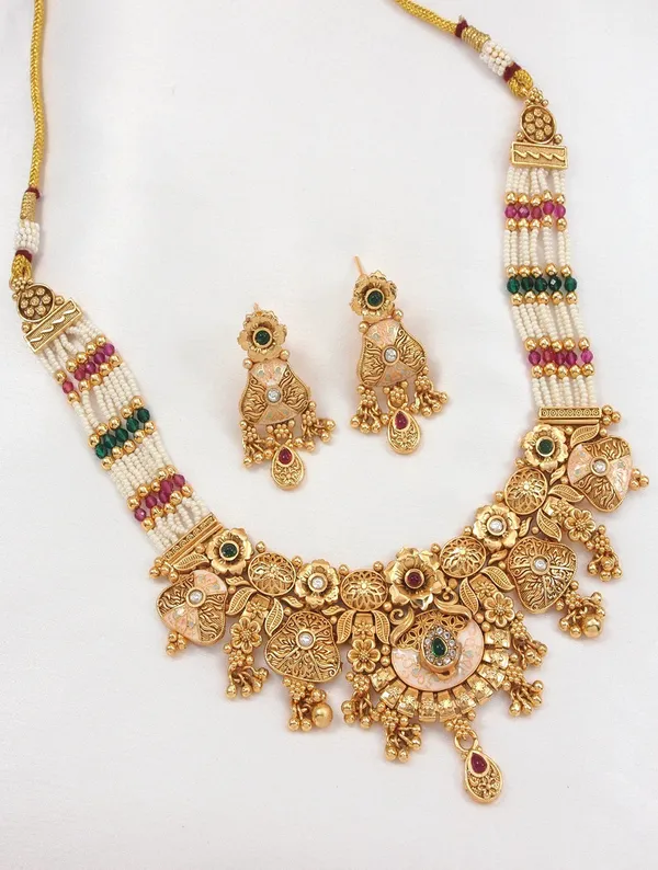 Gold_Plated_Antique_Finish_Pearl_&_Meenakari_Choker_Necklace_Set_With_Earrings_For_Women