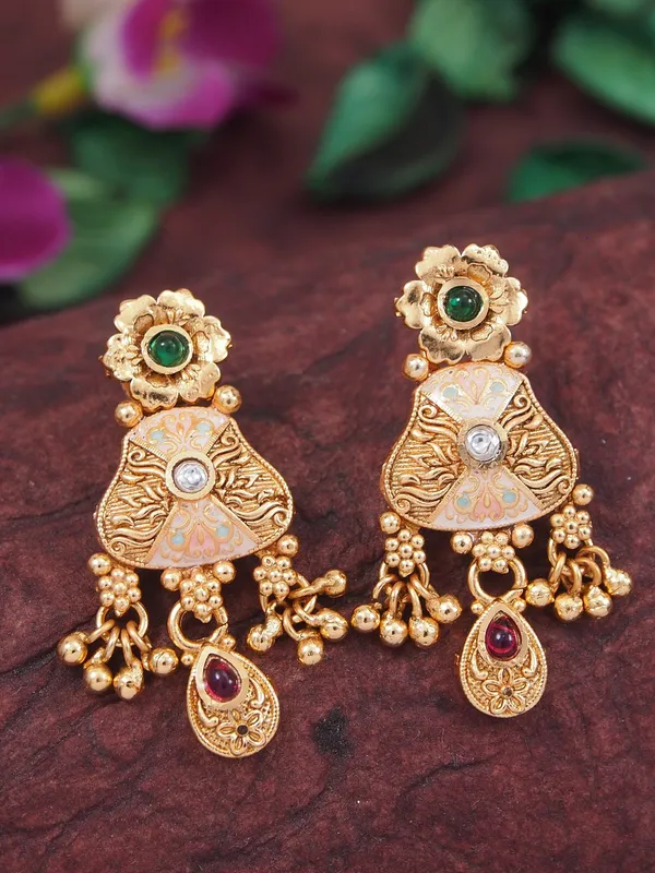 Gold_Plated_Antique_Finish_Pearl_&_Meenakari_Choker_Necklace_Set_With_Earrings_For_Women