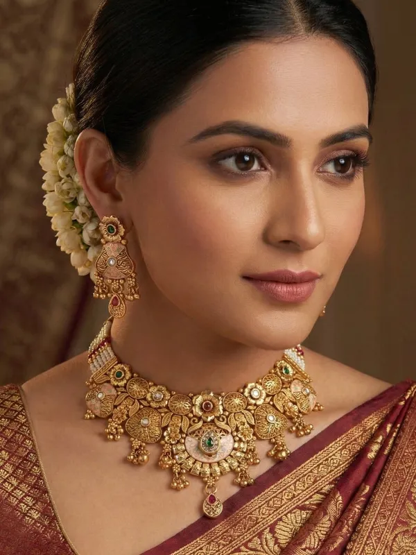 Gold_Plated_Antique_Finish_Pearl_&_Meenakari_Choker_Necklace_Set_With_Earrings_For_Women