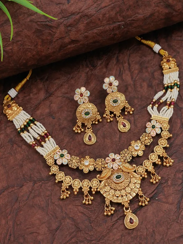 Gold_Plated_Brass_Necklace_Set_With_Multicolour_Stones,_Pearl_Beads_And_Earrings