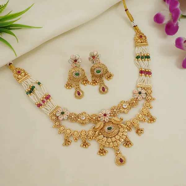 Gold_Plated_Brass_Necklace_Set_With_Multicolour_Stones,_Pearl_Beads_And_Earrings