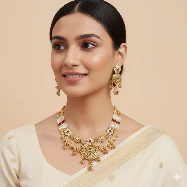 Gold_Plated_Brass_Necklace_Set_With_Multicolour_Stones,_Pearl_Beads_And_Earrings