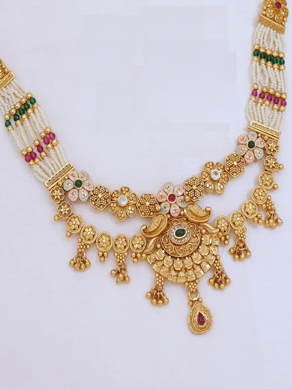 Gold_Plated_Brass_Necklace_Set_With_Multicolour_Stones,_Pearl_Beads_And_Earrings