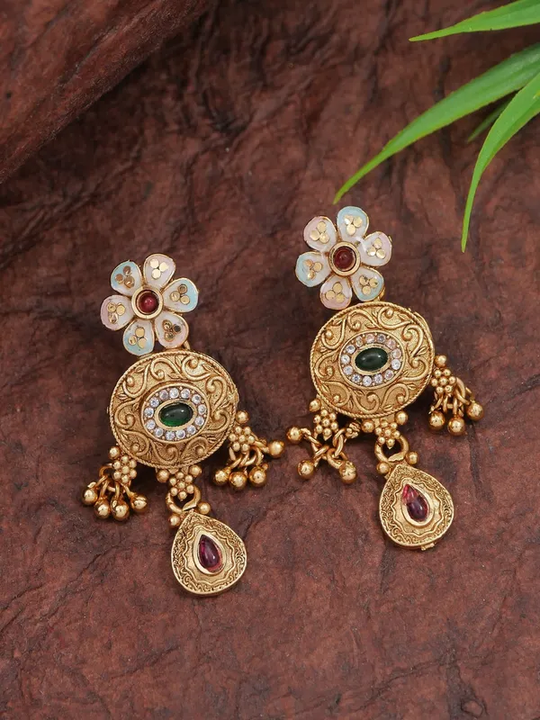 Gold_Plated_Brass_Necklace_Set_With_Multicolour_Stones,_Pearl_Beads_And_Earrings