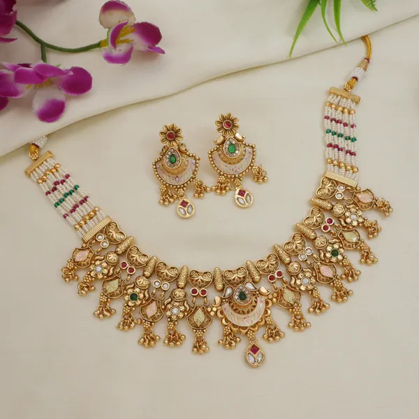 Gold_Plated_Traditional_Brass_Necklace_Set_With_Pearl_Beads_And_Stone_Earrings
