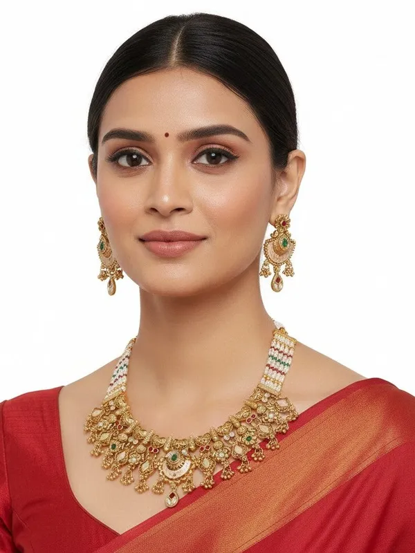 Gold_Plated_Traditional_Brass_Necklace_Set_With_Pearl_Beads_And_Stone_Earrings