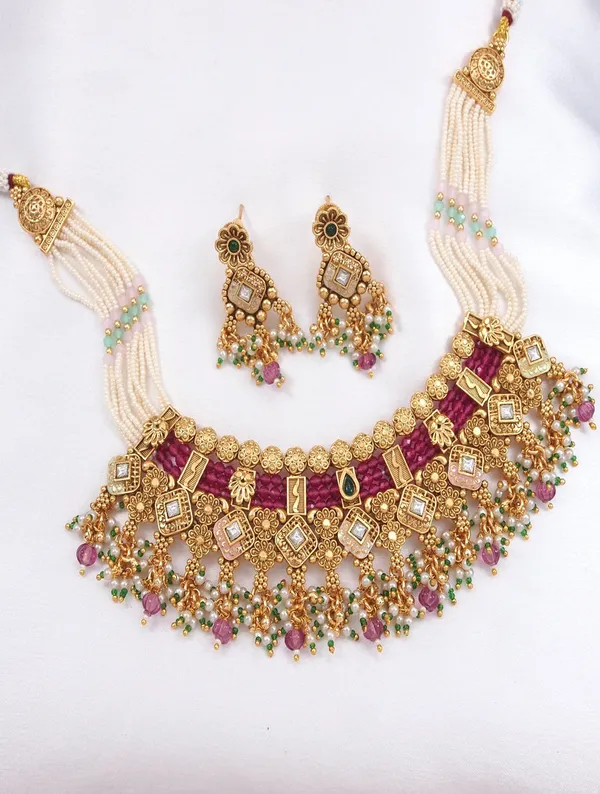 Gold_Plated_Traditional_Kundan_&_Pearl_Beaded_Choker_Necklace_Set_With_Ruby_Red_Accents