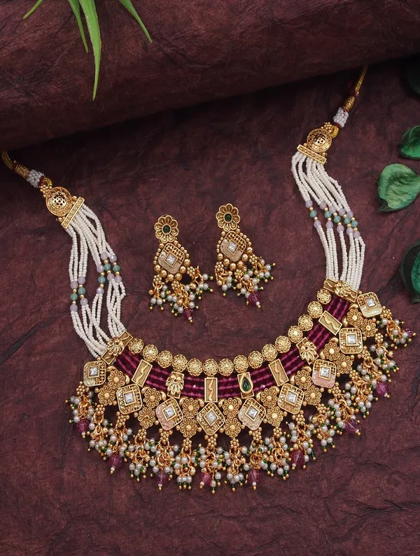 Gold_Plated_Traditional_Kundan_&_Pearl_Beaded_Choker_Necklace_Set_With_Ruby_Red_Accents