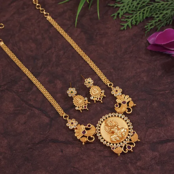 Gold_Tone_Lakshmi_Medallion_Necklace_Set_With_Peacock_Motifs_And_Floral_Stud_Earrings