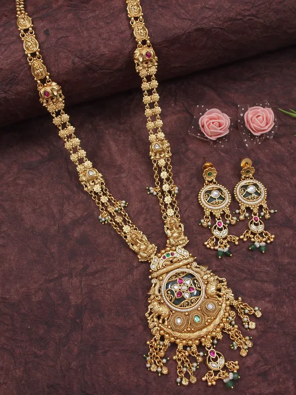 Gold_Toned_Antique_Finish_Temple_Jewellery_Long_Necklace_&_Jhumka_Earrings_Set