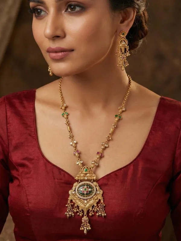 Gold_Toned_Antique_Finish_Temple_Jewellery_Long_Necklace_&_Jhumka_Earrings_Set