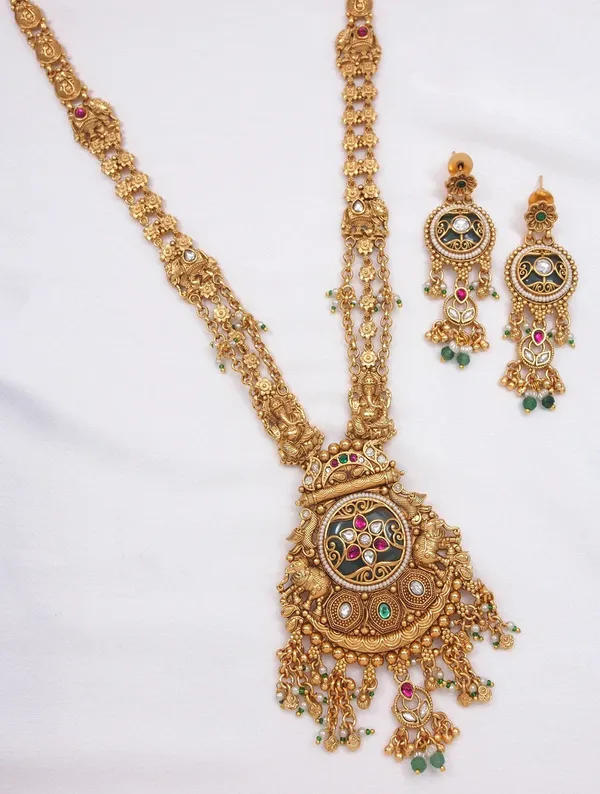 Gold_Toned_Antique_Finish_Temple_Jewellery_Long_Necklace_&_Jhumka_Earrings_Set