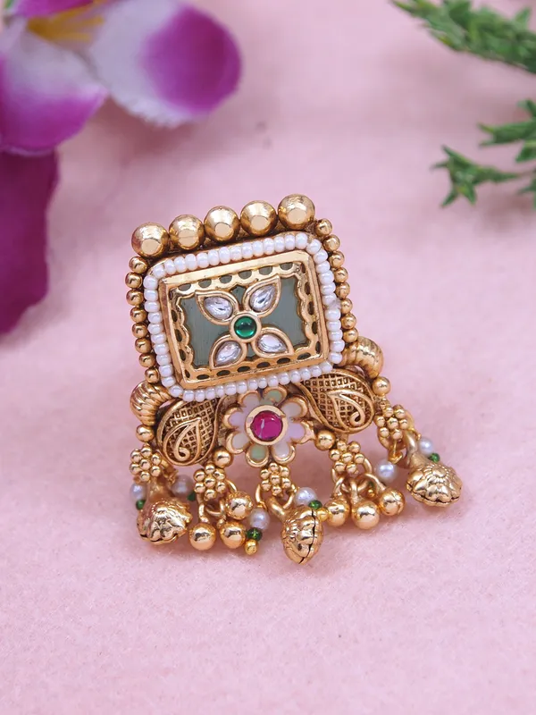 Gold_Toned_Handcrafted_Kundan_Floral_Adjustable_Ring_With_Pearl_Drops
