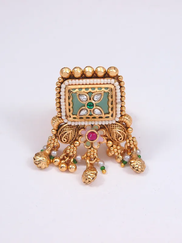 Gold_Toned_Handcrafted_Kundan_Floral_Adjustable_Ring_With_Pearl_Drops
