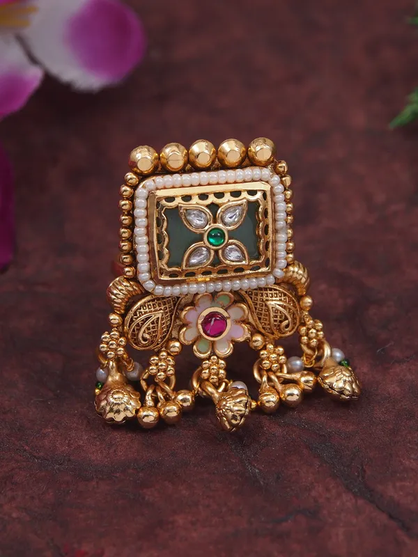 Gold_Toned_Handcrafted_Kundan_Floral_Adjustable_Ring_With_Pearl_Drops
