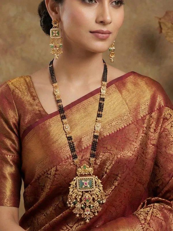 Heritage_Gold_Plated_Black_Bead_Mangalsutra_Set_With_Ruby_&_Emerald_Coloured_Stones