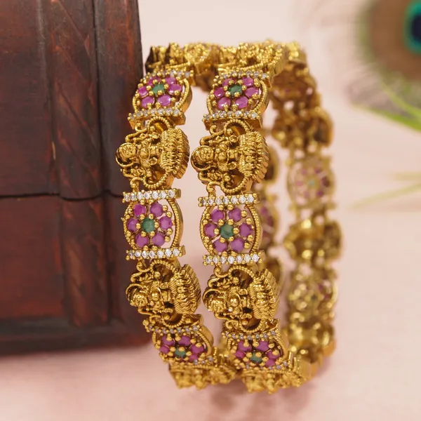 Matte_Gold_Plated_Brass_Bangles_With_Ruby_Green_Ad_Stones_&_Lakshmi_Design