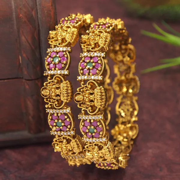 Matte_Gold_Plated_Brass_Bangles_With_Ruby_Green_Ad_Stones_&_Lakshmi_Design