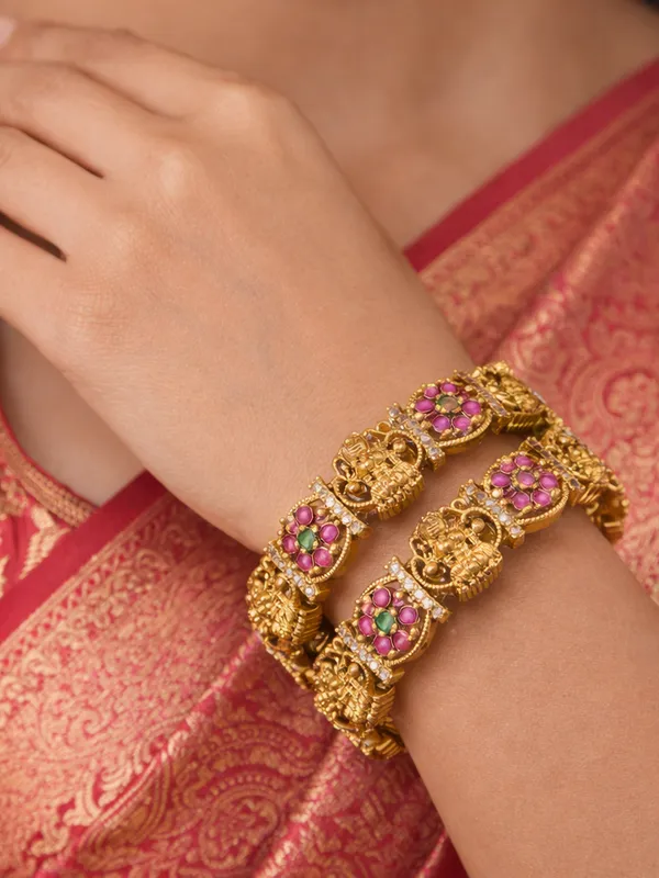 Matte_Gold_Plated_Brass_Bangles_With_Ruby_Green_Ad_Stones_&_Lakshmi_Design