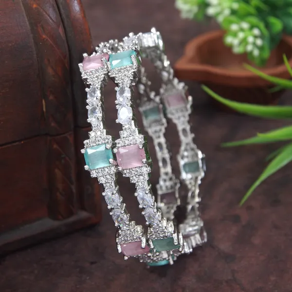 American_Diamond_Silver_Mint_Pink_Bangle_Set